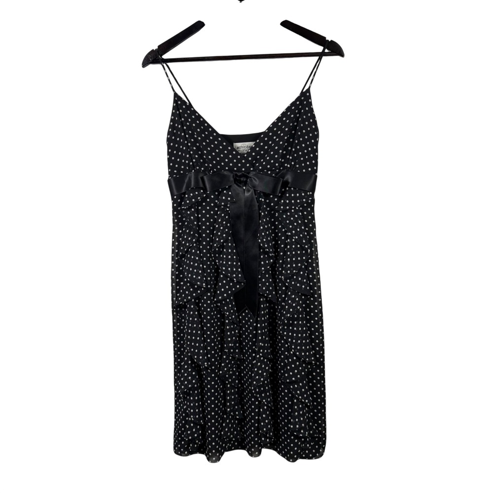 Betsy & Adam Linda Bernell Polka Dot Ruffle Cocktail Dress Black White Bow 6
